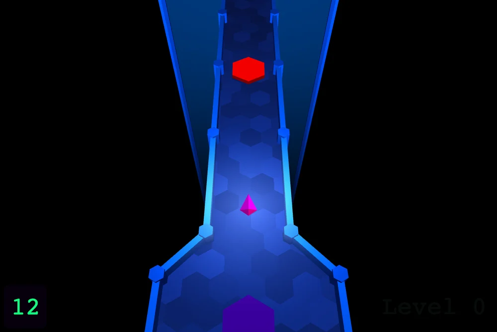 Actual xx142-b2.exe gameplay showing a blue hexagonal corridor, a purple player, and a countdown.