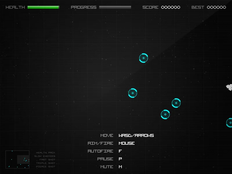 Actual Radius Raid gameplay with a ship, enemy waves, and luminous particles in a dark arena.