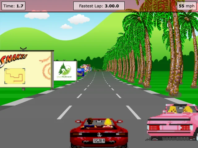 Actual JavaScript Racer gameplay showing a red car, traffic, palm trees, and a sunny road.