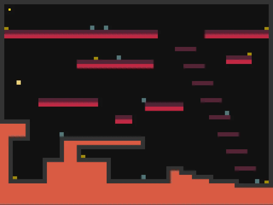 Actual Tiny Platformer level with rectangular red platforms, small enemies, and yellow gold.