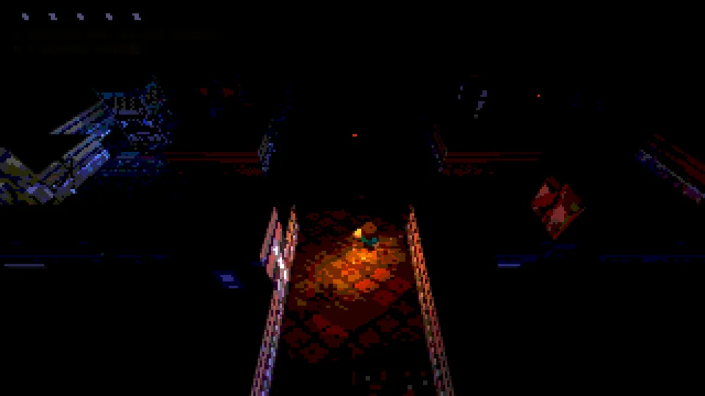 Actual UNDERRUN gameplay: a dim sci-fi facility rendered in low-resolution WebGL.